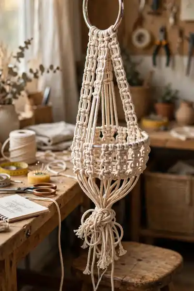 Half-finished macrame net with square knot columns hanging from a ring
