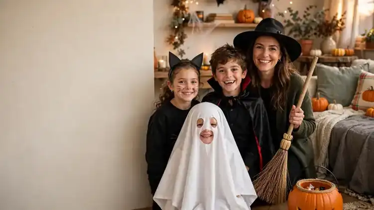 Halloween Costumes for a family in easy DIY ghost, cat, vampire, and witch costumes