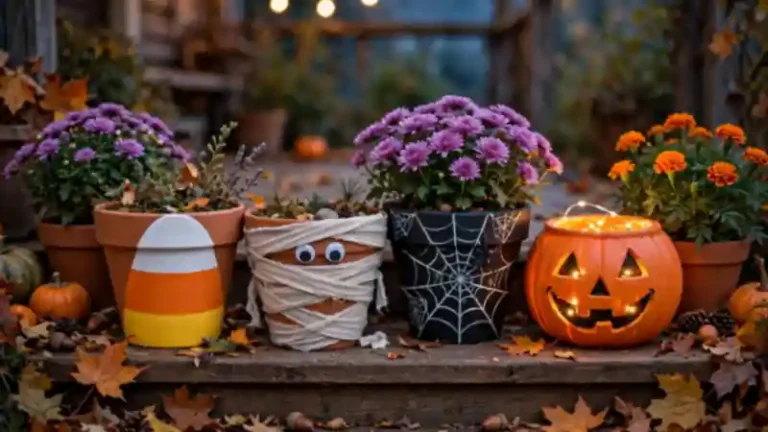 Creepy-cute halloween flower pots porch display