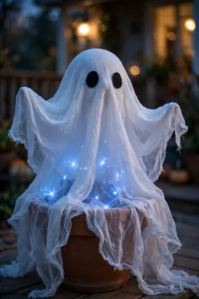 Ghostly draped cheesecloth Halloween flower pot