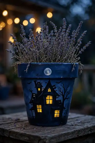 Haunted house scene Halloween flower pot at dusk