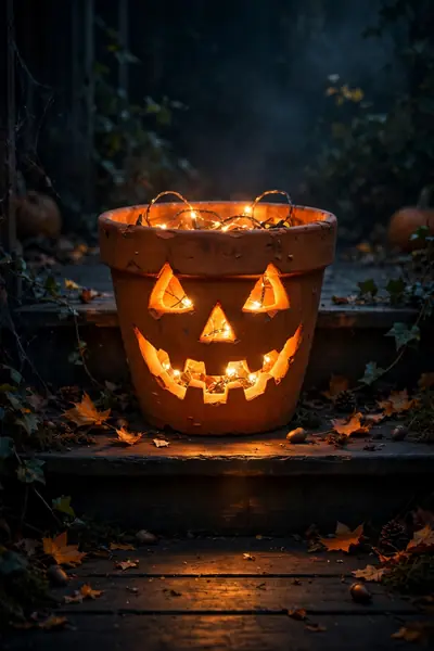 Light-up jack-o'-lantern Halloween flower pot at night