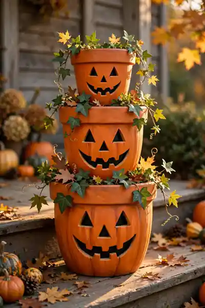 Stacked pumpkin topiary Halloween flower pots