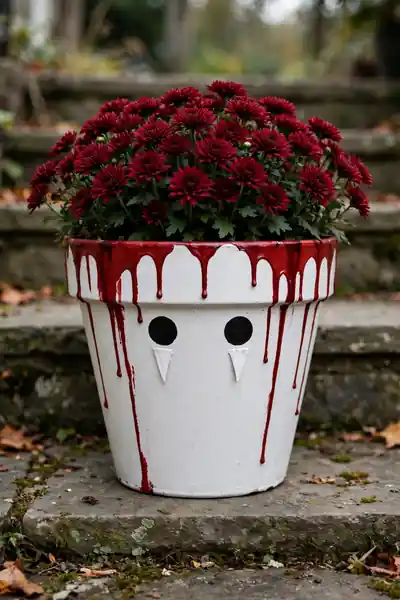 Vampire fang Halloween flower pot with red paint drips