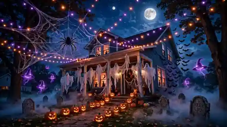 Halloween outdoor decorations lighting up a haunted front yard at night