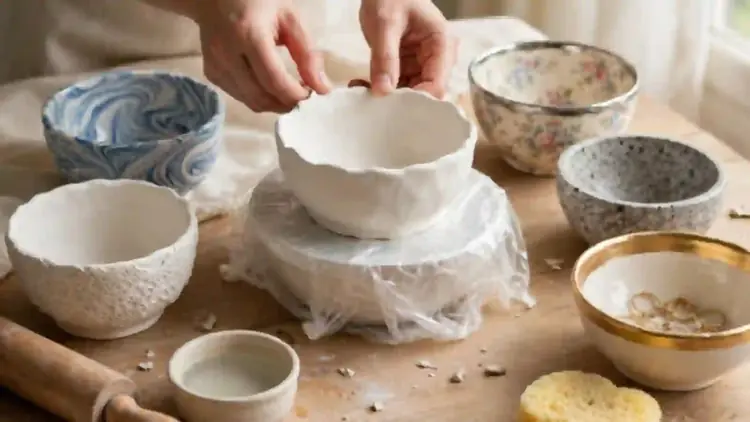 air dry clay bowl designs made by hand at home, five finished bowls with lace, marble, floral, speckled and gold rim finishes arranged on a craft table