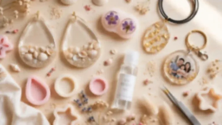 diy resin jewelry made at home, handmade pendants with tiny seashells and pressed flowers, flower stud earrings, a gold foil pendant and a photo keychain arranged on a craft table
