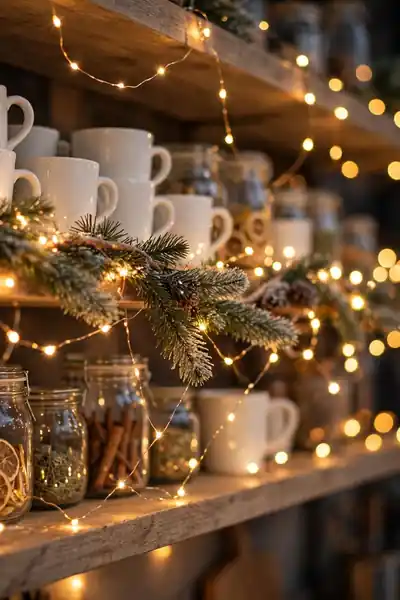 Fairy string lights on kitchen shelves