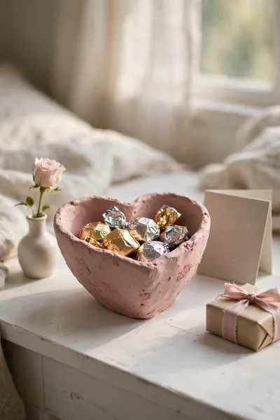 Heart shaped clay bowl in dusty pink holding chocolates