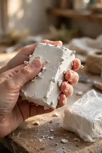 Hands holding a block of white sculpting clay