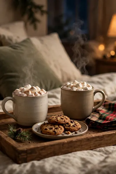 Wooden tray with two cocoa mugs cookies and a pine sprig