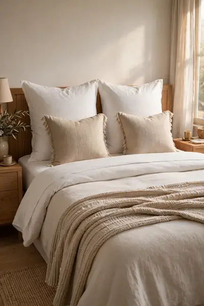 Bed layered in warm white with folded duvet and plump pillows