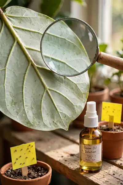Inspecting a houseplant leaf for pests with a magnifier