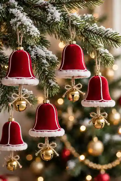 Jingle bell ornaments on pine branches