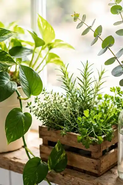 Eucalyptus and herbs in farmhouse kitchen