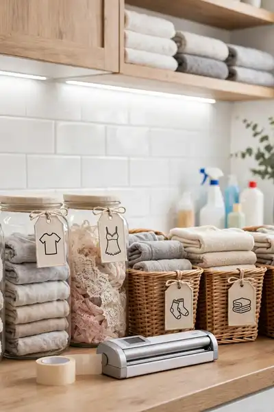 matching labels on laundry jars and baskets