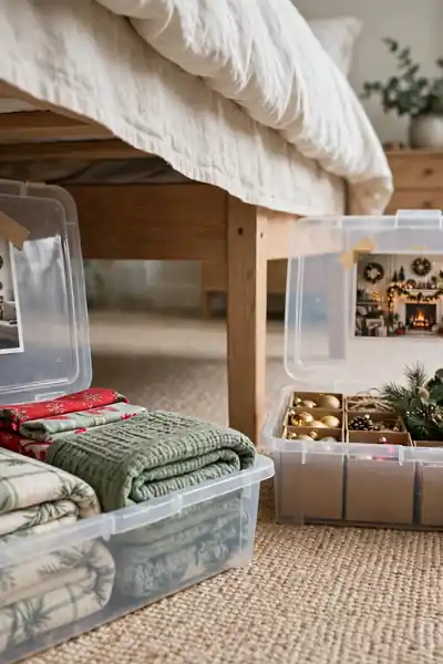 Flat bins with bedding and garlands and a room photo in the lid