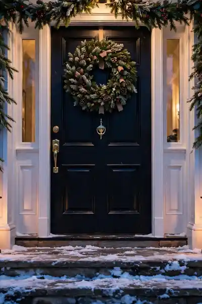 glowing lanterns flanking front door