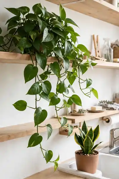 trailing pothos on a shelf and snake plant