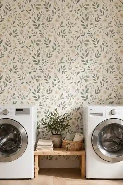 floral peel and stick wallpaper behind machines