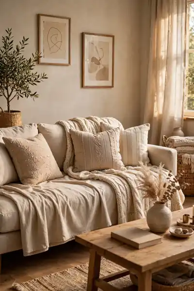Two layered throw blankets on a living room sofa