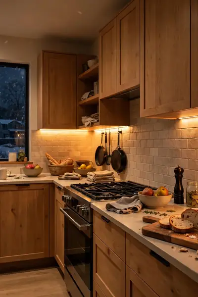 Cozy kitchen with warm golden lighting