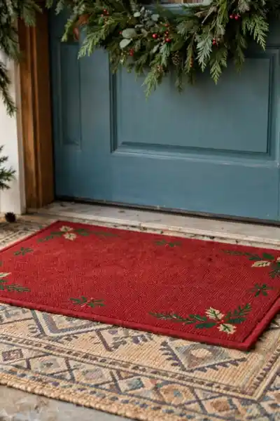 layered christmas mats at front door