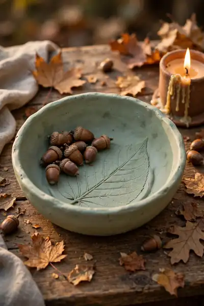 Clay bowl with real leaf vein imprint in sage green