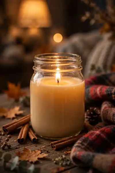 Lit cinnamon candle with even melt pool