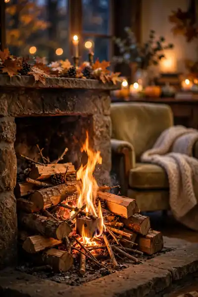 Fire starter flame catching under stacked fireplace logs