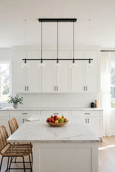 Linear multi light pendant over a long island