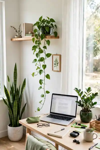 Low-maintenance office plants: snake plant, pothos, ZZ