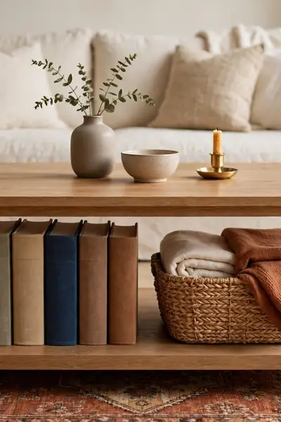 Lower shelf with books and a basket of folded throws