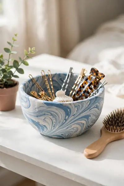 Blue and white marbled swirl clay bowl