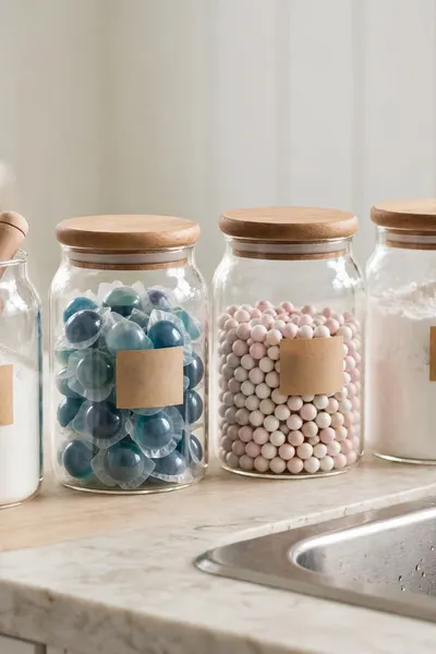 glass jars of powder pods and beads in a row