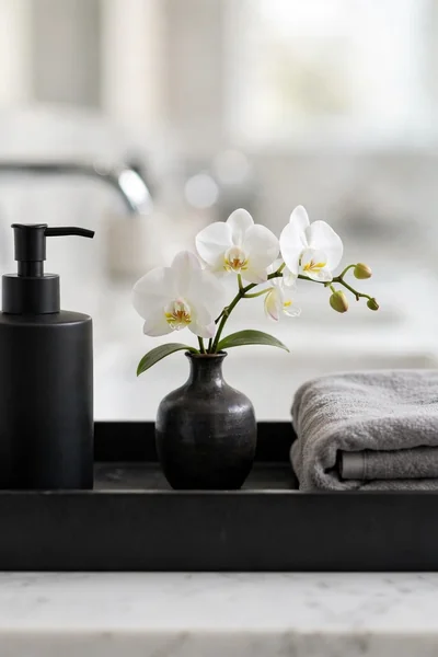 Matte black tray on white marble bathroom counter