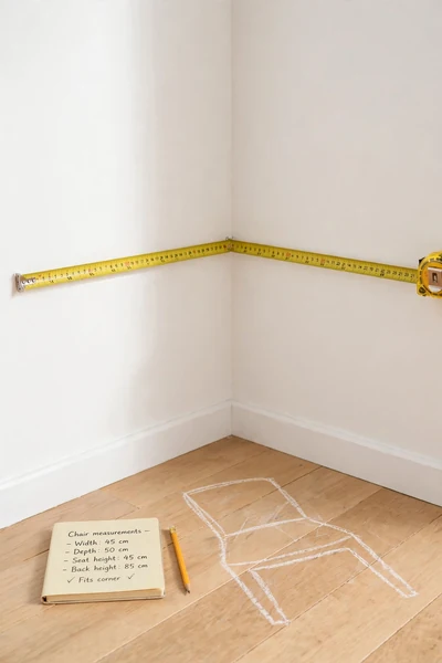 Measuring a home corner with tape and notebook
