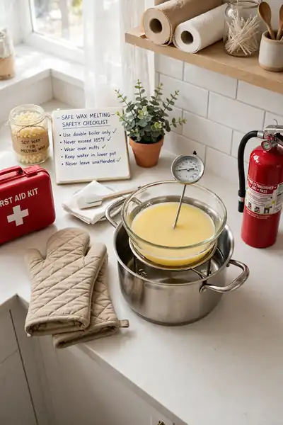 Safe wax melting setup with oven mitts and double boiler