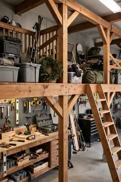 Wooden loft platform for overhead garage storage