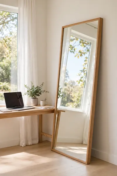 Tall mirror leaning beside a small desk