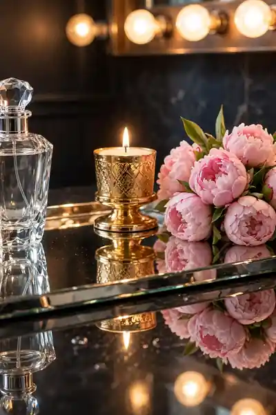 Mirrored tray reflecting perfume bottle and peonies