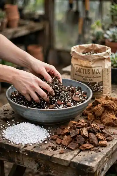 Mixing potting soil with perlite and orchid bark