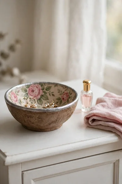 Clay bowl with vintage pink rose napkin transfer pattern