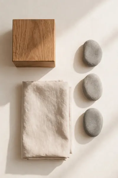 Natural materials: oak wood, linen, and stone