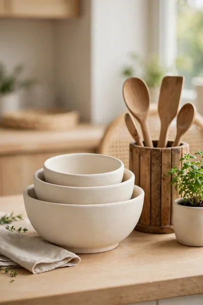 Set of three nesting clay bowls in cream white