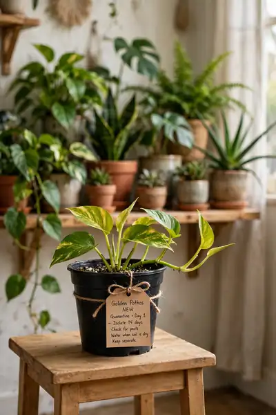 New pothos in quarantine with a handwritten care tag