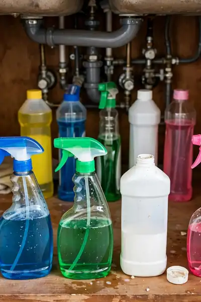 One spare bottle of each product in a row at the cabinet back