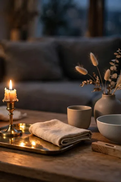 Brass candle holder and tray shining in evening light