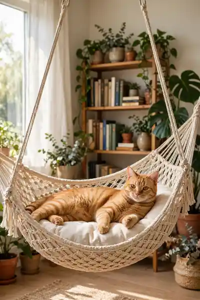 Orange cat sprawled on a flat open macrame perch hammock
