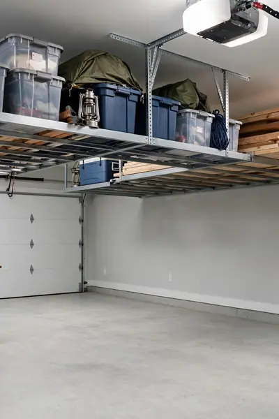 Ceiling-mounted overhead storage racks in garage